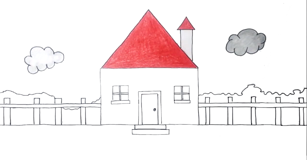 Step 11: Put Red Color on the chimney of the house drawing 