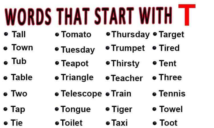 T Words List For kids