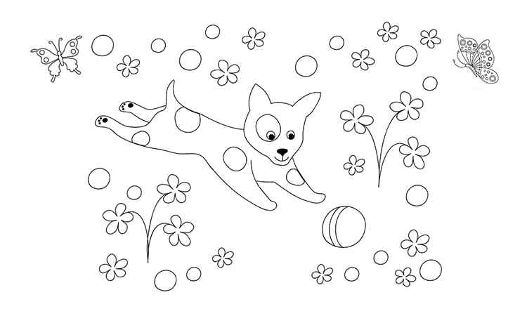 Dog playing in the garden coloring pages