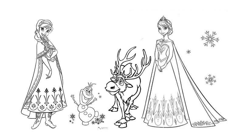 Elsa, Anna with Olaf and reindeer coloring pages