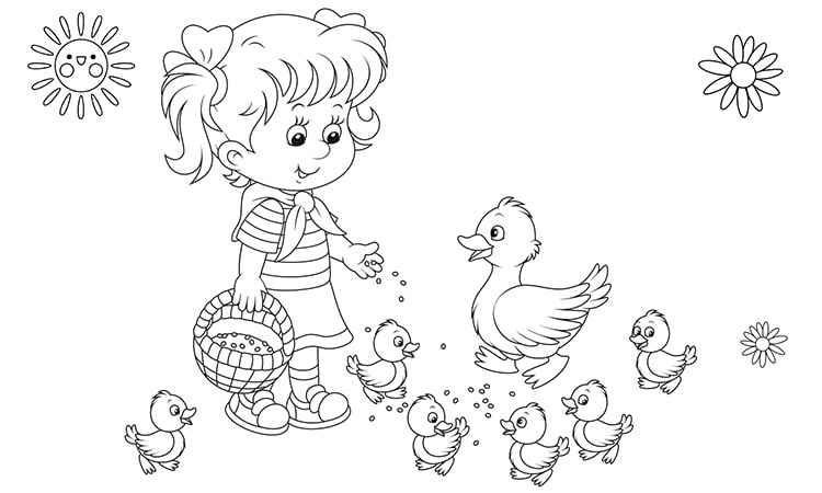 Girl feeding the ducks coloring pages