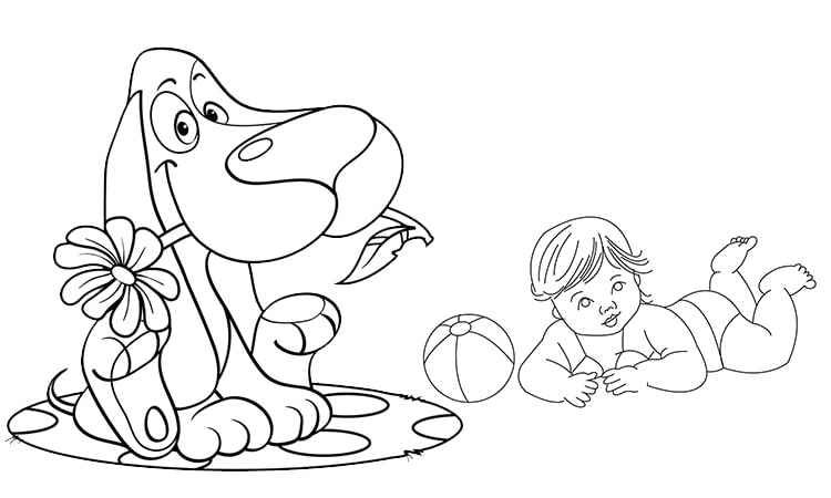 Pet dog with his kiddy friend coloring pages