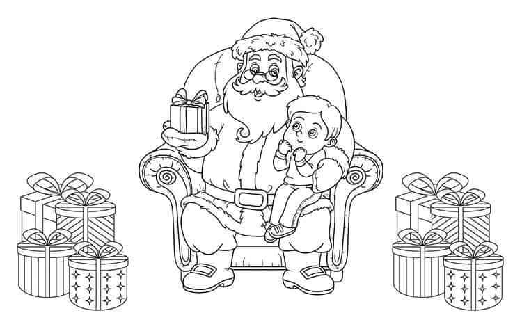 Santa presenting a gift to a kid coloring pages