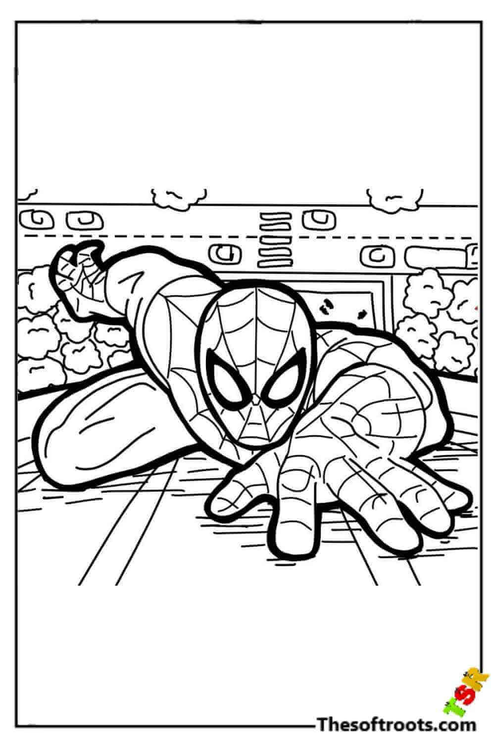Spiderman is climbing the wall coloring pages