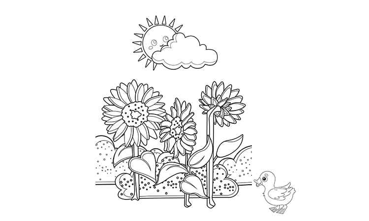 Sunflower with a cute duckling coloring pages