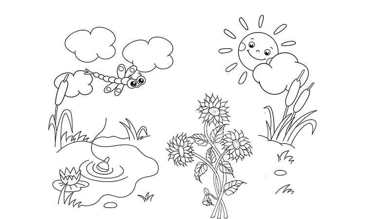 Sunflowers around the pond coloring pages