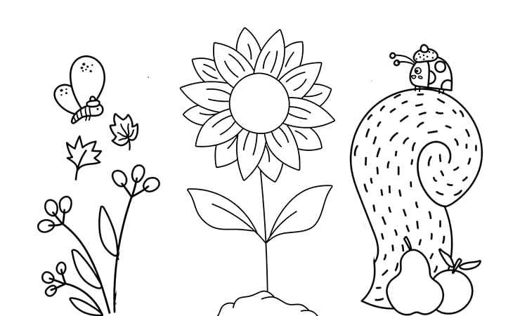 Sunflowers with cute ladybug coloring pages