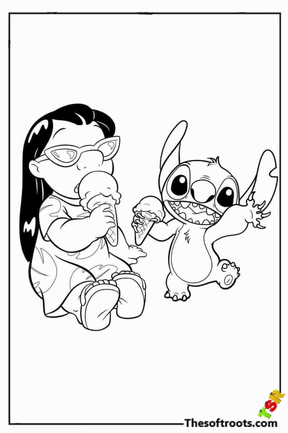 Lilo and Stitch are eating ice cream coloring pages